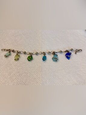 Sterling Silver Charm Bracelet with Green, Teal and Light Blue Sea Glass Charms